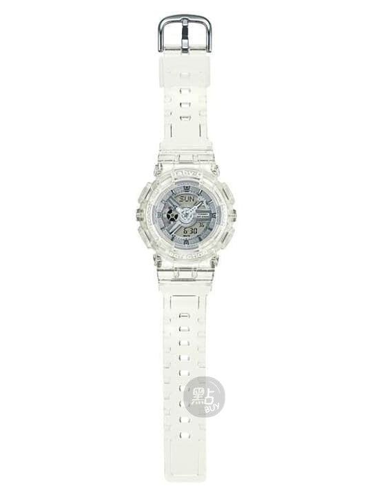 CASIO BA-110CR-7ADR BABY-G 數碼石英白色樹脂女裝手錶 - 全身圖,展示透明錶帶及錶扣