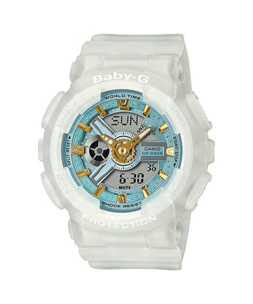 CASIO BA-110SC-7AER BABY-G 女士指針數字石英手錶 樹脂錶帶 - 透明樹脂錶款配淺藍色錶面,正面白色背景