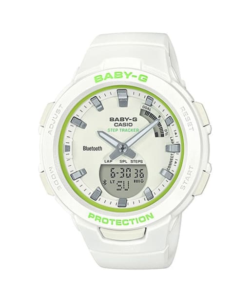 CASIO BSA-B100SC-7AER 女裝 指針數字雙顯石英手錶 樹脂錶帶 - 白色計步電子錶配綠色點綴,正面白色背景