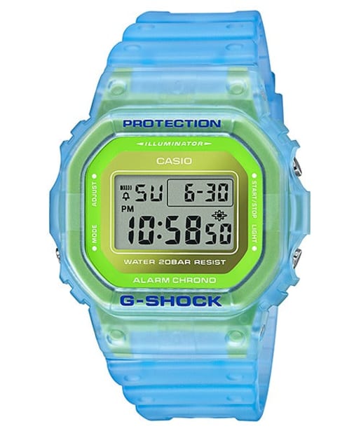 CASIO DW-5600LS-2 G-Shock 樹脂錶帶 200米防水 - 半透明藍綠色電子錶,正面白色背景