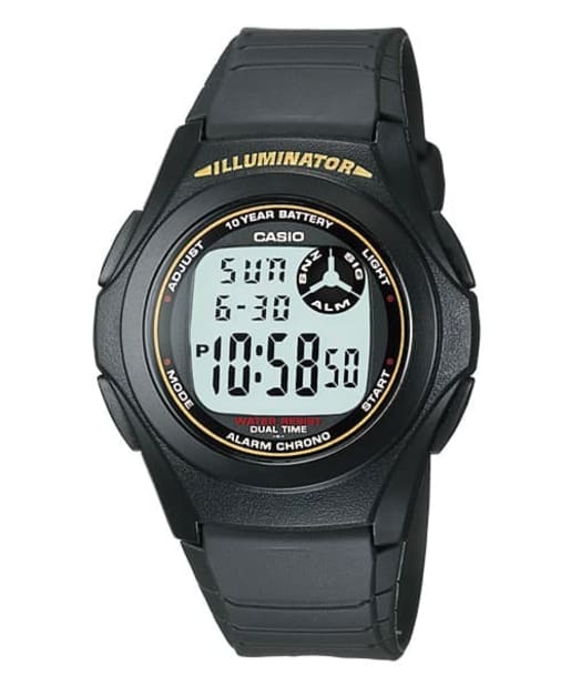 CASIO F-200W-9ADF 通用男士數碼手錶 - 黑色電子錶配金色照明點綴,正面白色背景