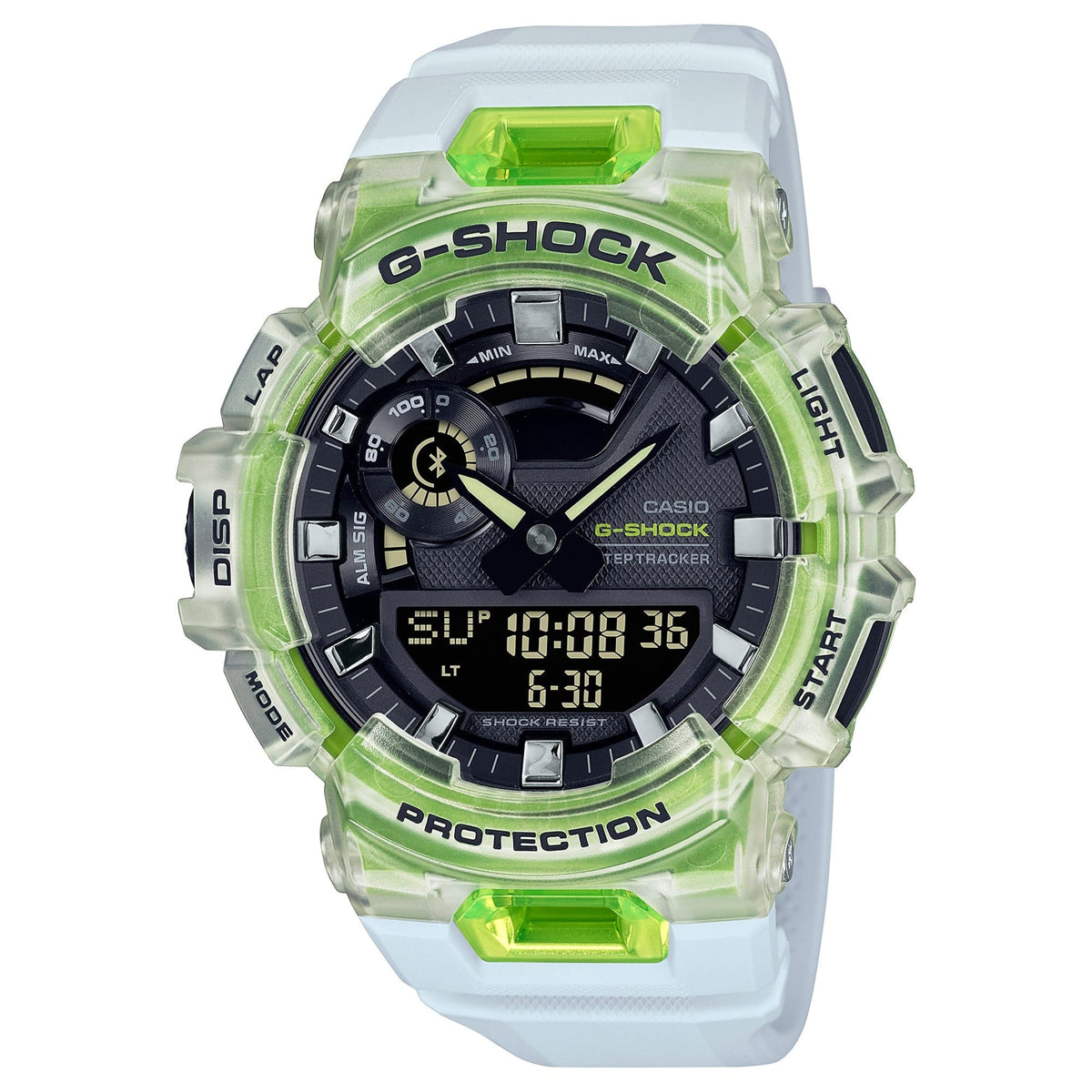 CASIO GBA-900SM-7A9ER G-Shock 200M 防水 防震 - 半透明綠色錶款,正面白色背景