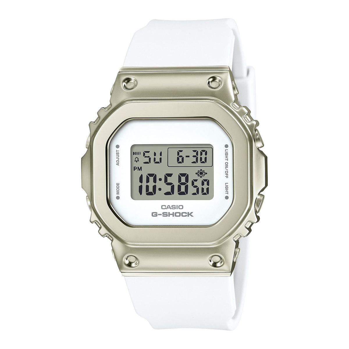 CASIO GM-S5600G-7DR G-SHOCK 女士數碼白色錶盤女裝手錶 - 白色錶款配香檳金色金屬錶殼,正面白色背景