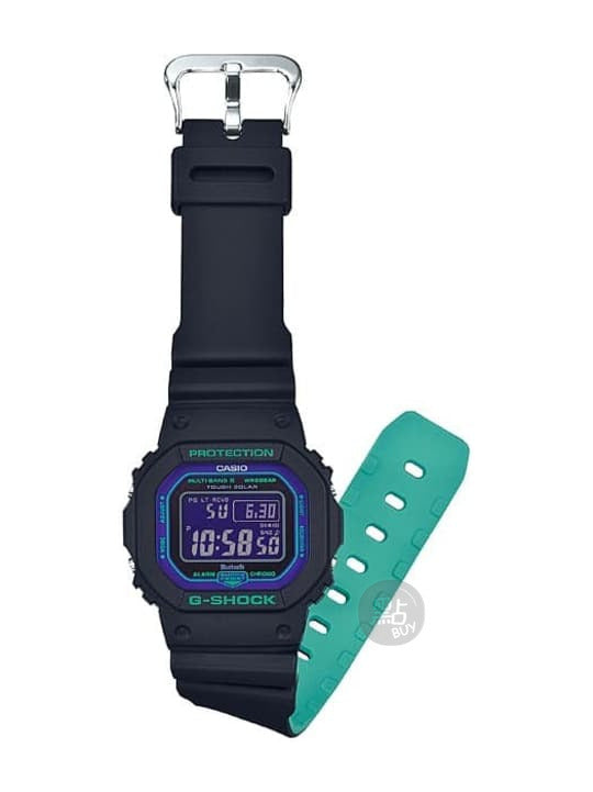 CASIO GW-B5600BL-1DR DIGITAL 5600 SERIES 手錶 - 手錶側面圖,展示藍綠色錶帶內側