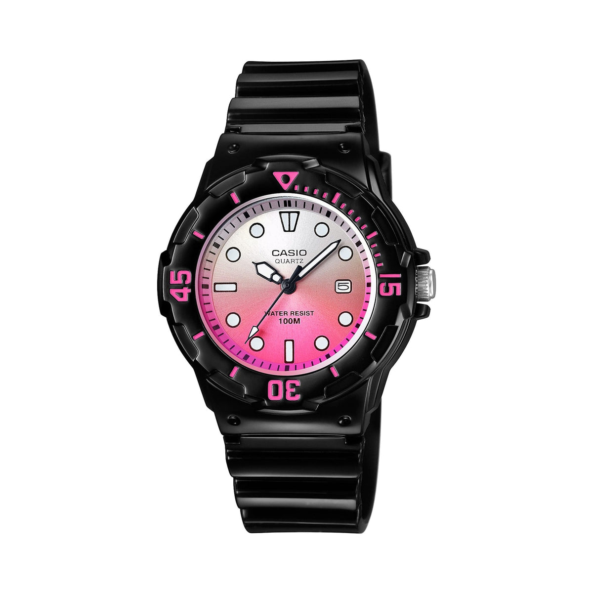 CASIO LRW-200H-4EVDF POP 黑粉色手錶 - 黑色錶款配粉紅漸變錶面,正面白色背景