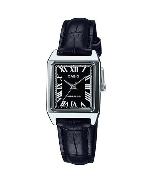 Casio LTP-V007L-1BUDF 皮革錶帶羅馬數字黑色錶盤正裝手錶 - 黑色皮革錶帶指針錶,正面白色背景