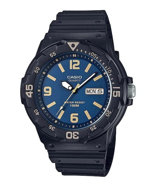CASIO MRW-200H-2B3VDF 青春系列 指針式藍色手錶 - 黑色潛水風格錶款配藍色錶面,正面白色背景