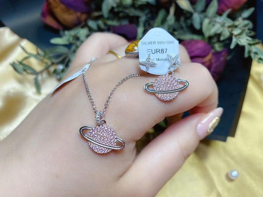 APM AE10559XORW Asymmetric Pink Planet Ear Rings and Stud Silver Women jewellery with hand model display