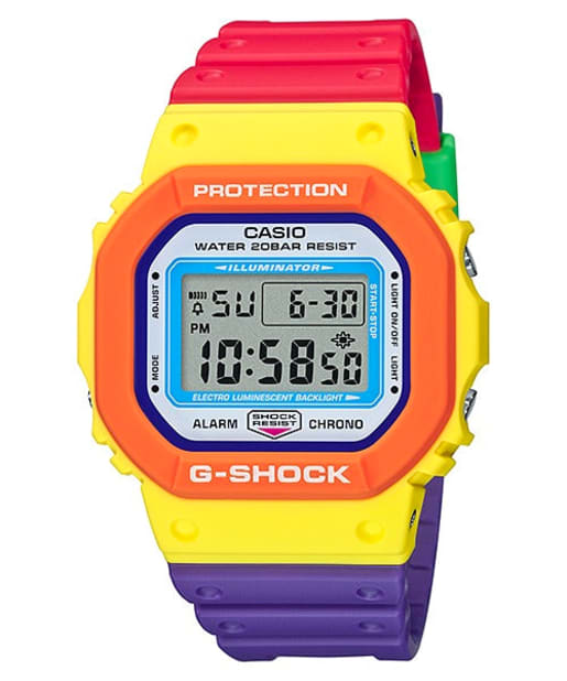 CASIO DW-5610DN-9DR G-Shock 樹脂錶帶 200米防水 - 電子錶配彩虹色樹脂錶帶，正面圖