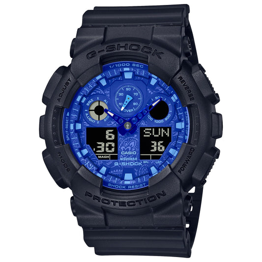 CASIO GA-100BP-1AER G-Shock 藍色佩斯利運動手錶 - 黑色錶款配藍色佩斯利花紋錶面，正面白色背景
