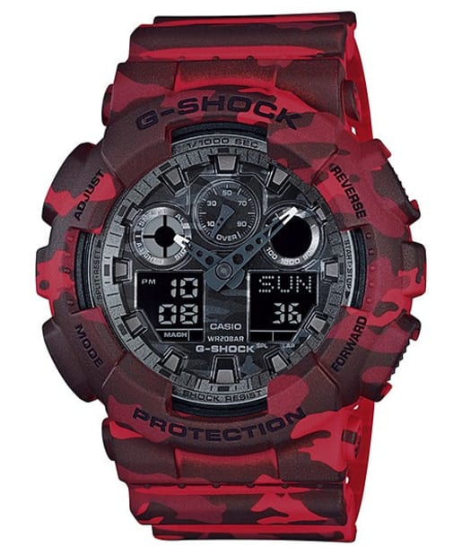 CASIO GA-100CM-4AER G-Shock 樹脂錶帶 200米防水 - 紅色迷彩錶款，正面白色背景