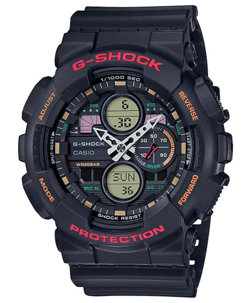 CASIO GA-140-1A4ER G-Shock 200M 防水 防震 - 黑色錶款配紅橙色點綴，正面白色背景