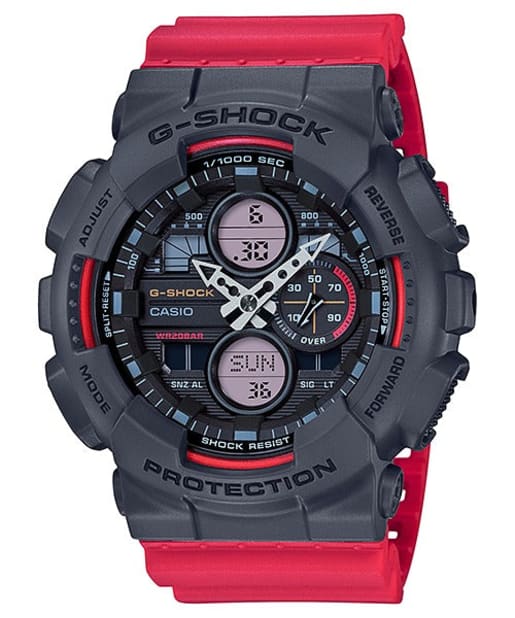 CASIO GA-140-4ADR G-Shock 200M Water Resistant 防震手錶 - 灰紅色錶款，正面白色背景