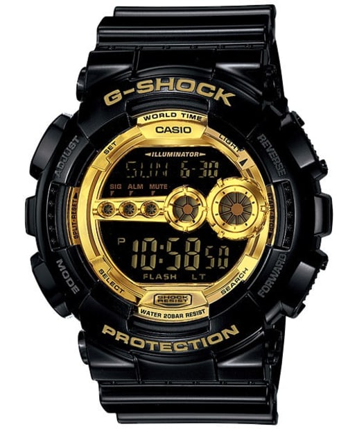 CASIO GD-100GB-1DR G-SHOCK 數碼男士黑金系列手錶 - 黑色錶款配金色電子錶面，正面白色背景