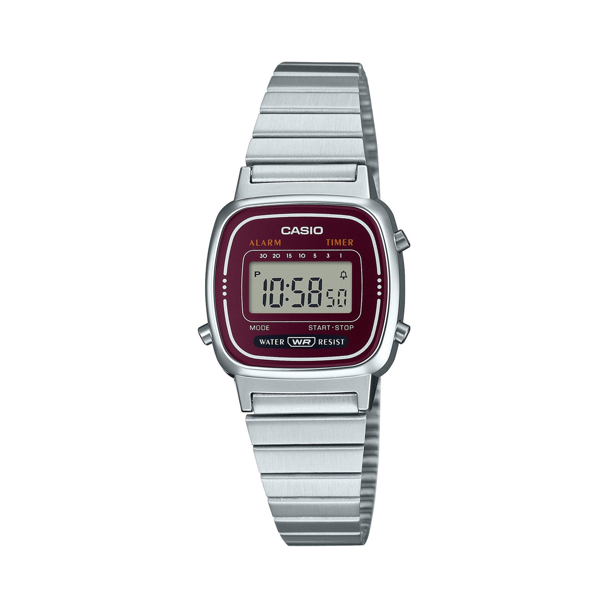 CASIO LA670WA-4SDF 休閒數碼復古女裝手錶 - 不鏽鋼錶款配酒紅色錶面，正面白色背景