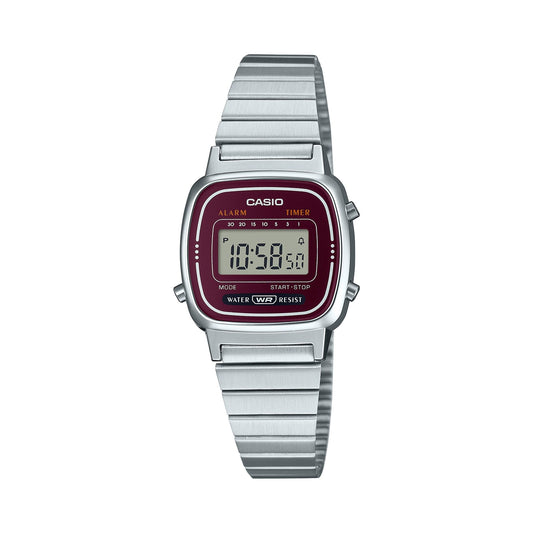 CASIO LA670WA-4SDF 休閒數碼復古女裝手錶 - 不鏽鋼錶款配酒紅色錶面，正面白色背景