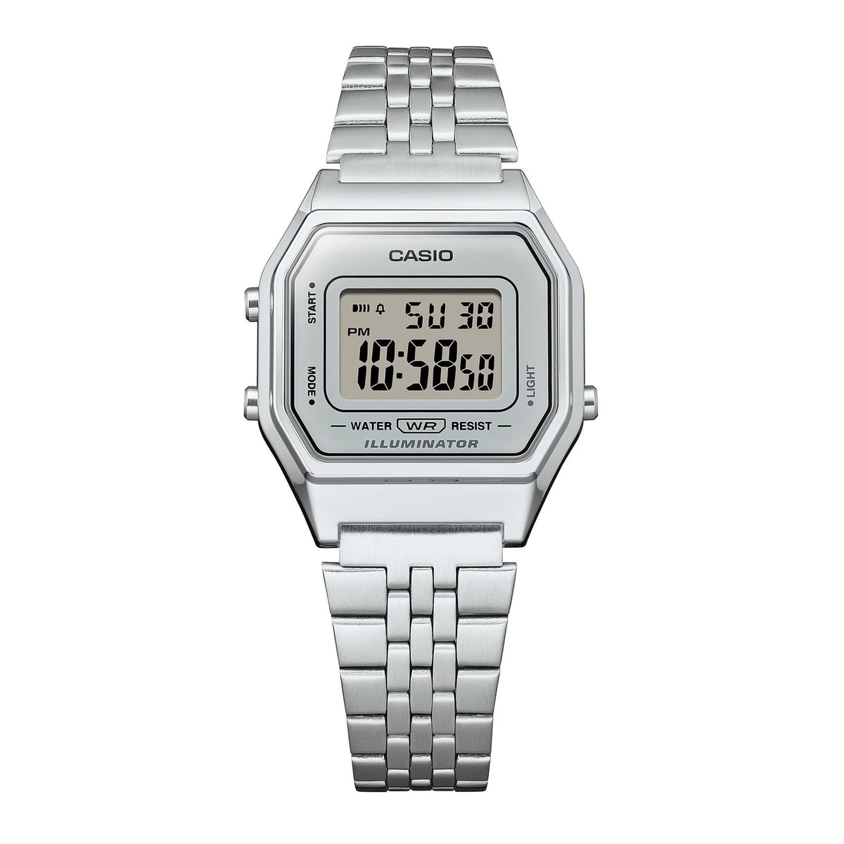 CASIO LA680WA-7DF 復古銀色中性手錶 - 不鏽鋼電子錶，正面白色背景