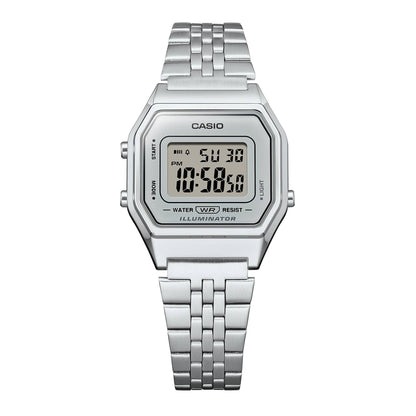 CASIO LA680WA-7DF 復古銀色中性手錶 - 不鏽鋼電子錶，正面白色背景
