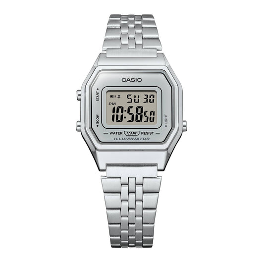 CASIO LA680WA-7DF 復古銀色中性手錶 - 不鏽鋼電子錶，正面白色背景