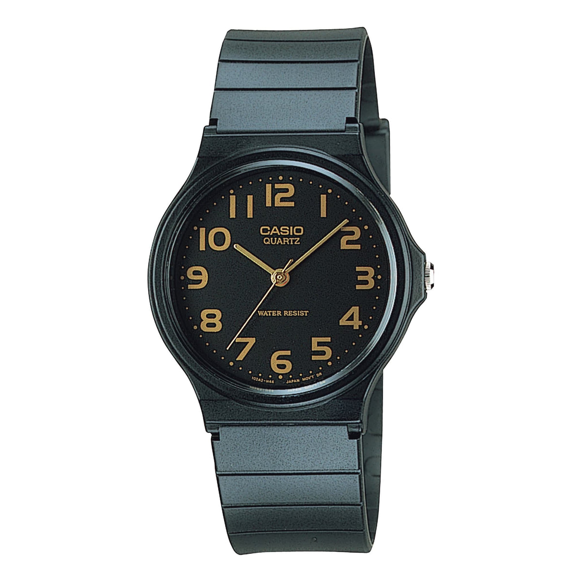 Casio MQ-24-1B2LDF 標準手錶 - 黑色錶款配金色錶面，正面白色背景