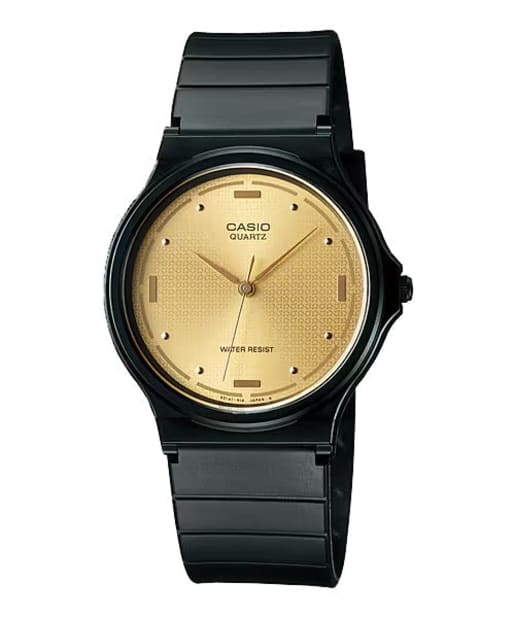 CASIO MQ-76-9ALDF 休閒石英男士標準手錶 - 金色錶面錶款，正面白色背景