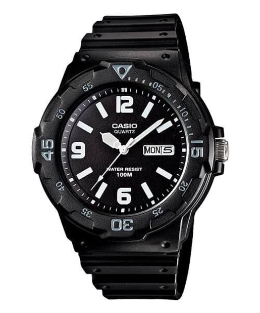 CASIO MRW-200H-1B2VDF 黑色樹脂手錶 - 黑色潛水風格錶款配旋轉錶圈，正面白色背景