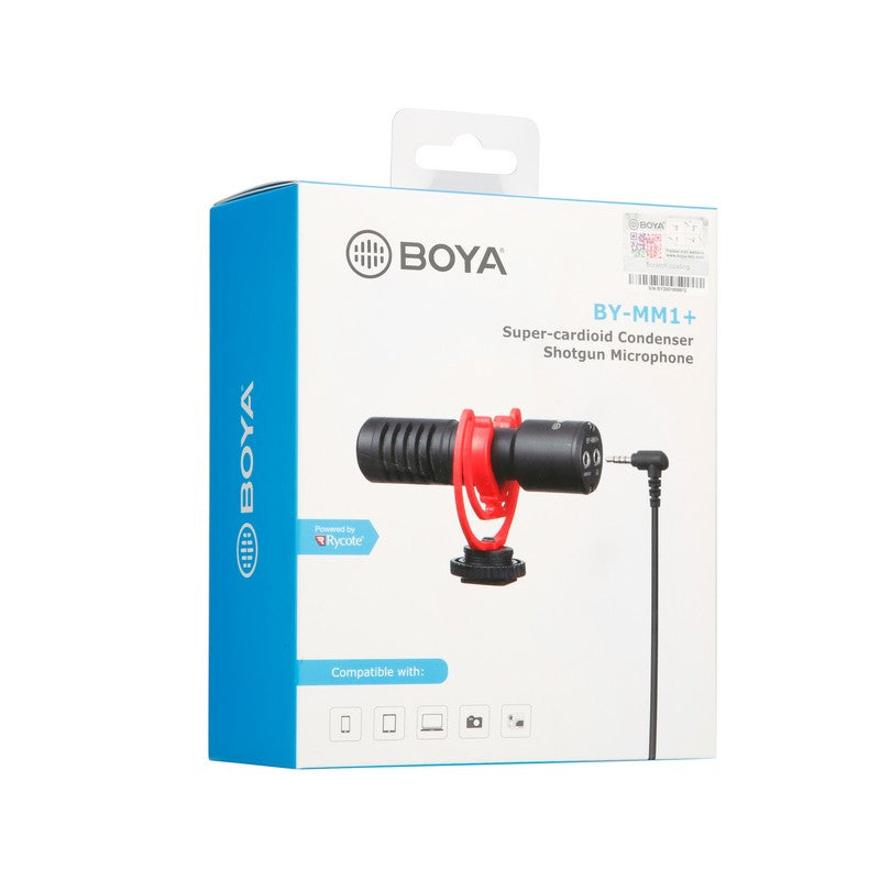 點Buy 博雅 BOYA BY-MM1+ 增强版 麥克風 收音 拍攝工作 手機拍攝 單反相機外置咪  Super-cardioid Condenser Shotgun Microphone compatible for smartphones, tablets, DSLRs, consumer camcorder PCs with furry windshield foam windshield durable mental construction with anti-shock mount 手機直播 包裝盒