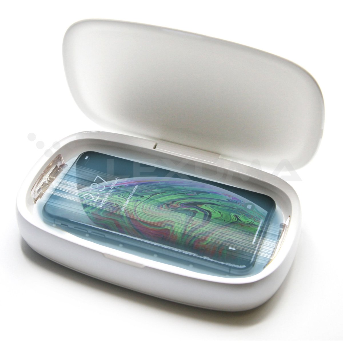 Dimbuyshop Lexuma XGerm mobile phone UV Sanitizer disinfectant phonesoap accessories 多功能手機紫外線消毒器 紫外線消毒 消毒產品 殺滅細菌 手機清潔 clean your phone white in color 大容量内籠 iphone